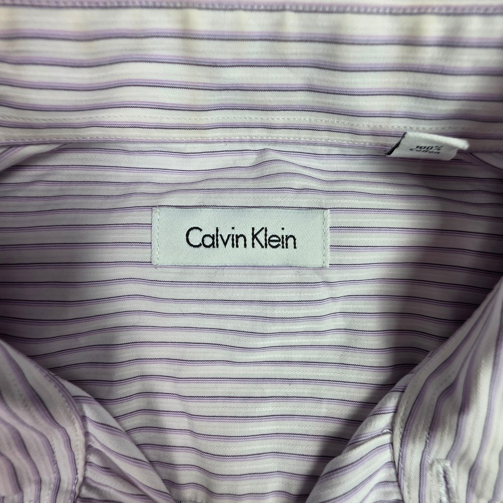 Calvin Klein Mens Dress Shirt 15 32/33 Purple White Striped Cotton Button Down